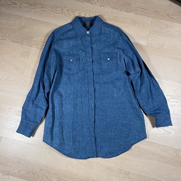 Express Tops - Express Women's‎ Blouse Button Up 100% Linen Coastal Casual Size M Blue